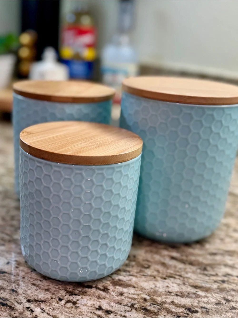Circo Light Blue Honeycomb Ceramic Kitchen Canister Set with Bamboo Lids